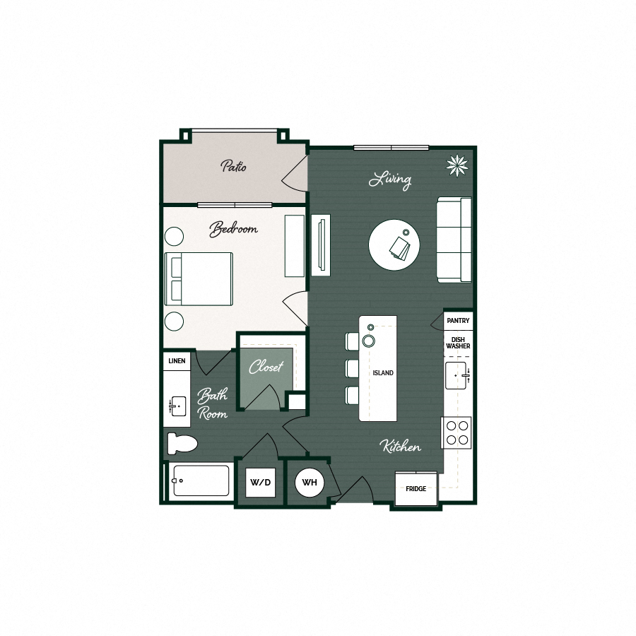 Rendering of the A1 floor plan with 1 bedroom[s] and 1 bathroom[s] at Gin Mill