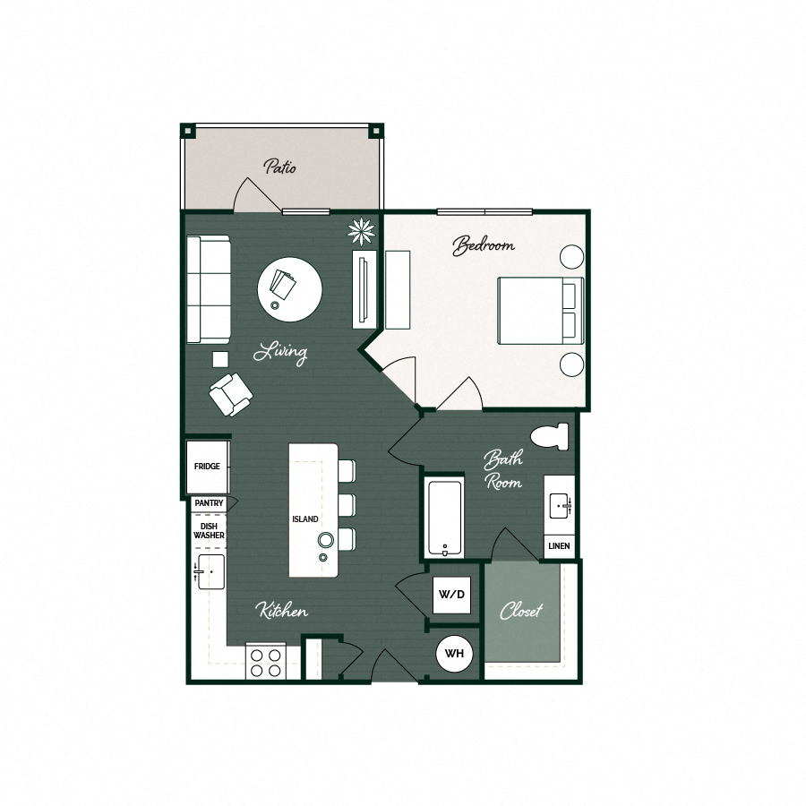 Rendering of the A2 floor plan with 1 bedroom[s] and 1 bathroom[s] at Gin Mill