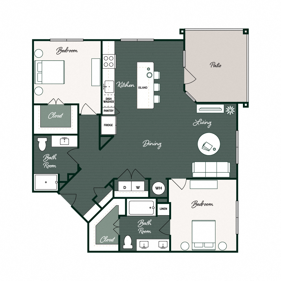 Rendering of the B2 floor plan with 2 bedroom[s] and 2 bathroom[s] at Gin Mill