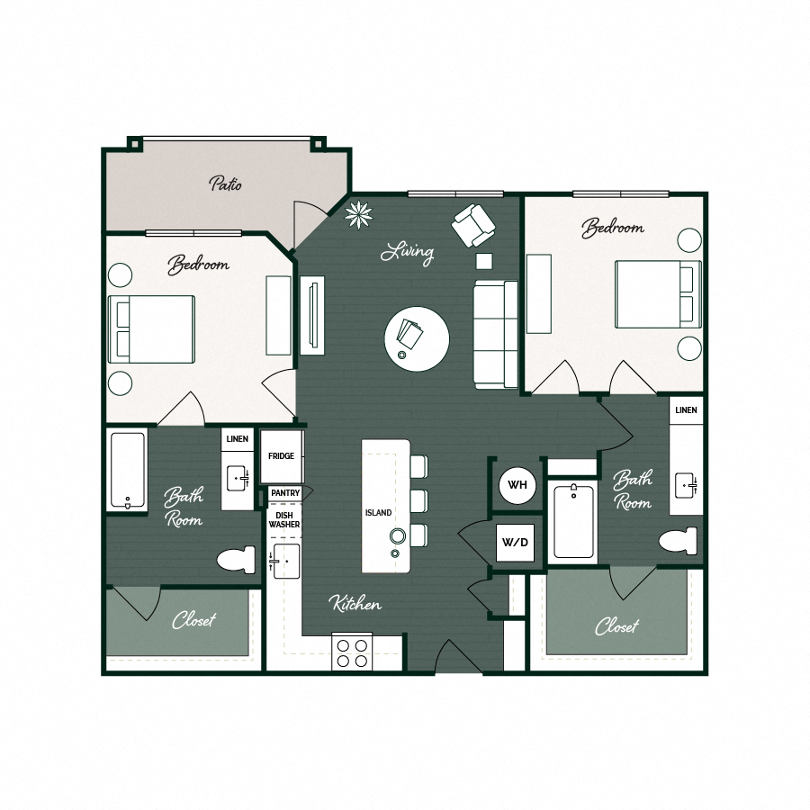 Rendering of the B1 floor plan with 2 bedroom[s] and 2 bathroom[s] at Gin Mill