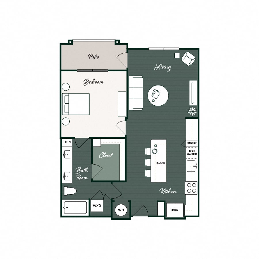 Rendering of the A3 floor plan with 1 bedroom[s] and 1 bathroom[s] at Gin Mill