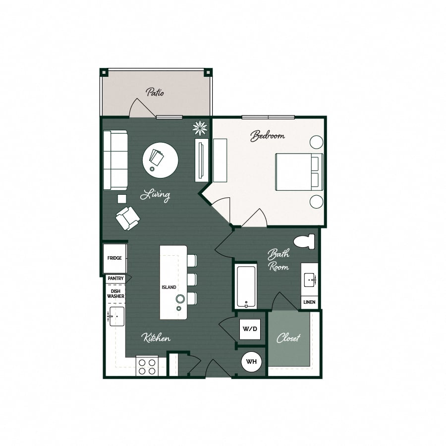 Rendering of the A2 floor plan with 1 bedroom[s] and 1 bathroom[s] at Gin Mill
