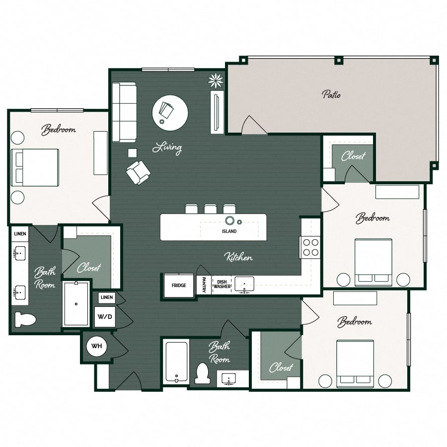 Rendering of the C1 floor plan with 3 bedroom[s] and 2 bathroom[s] at Gin Mill