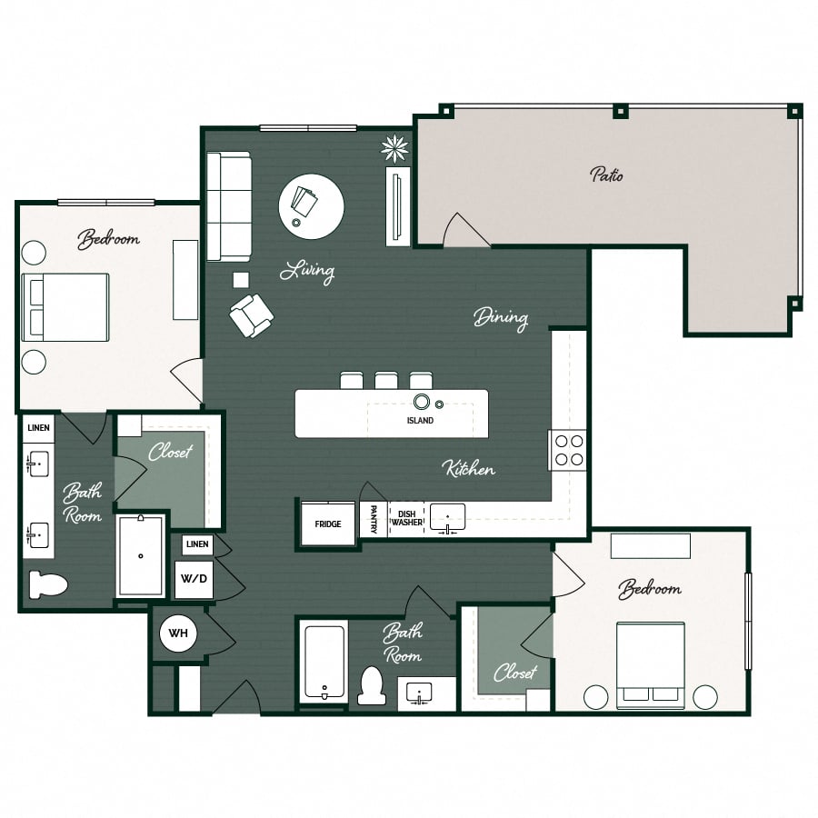 Rendering of the B3 floor plan with 2 bedroom[s] and 2 bathroom[s] at Gin Mill